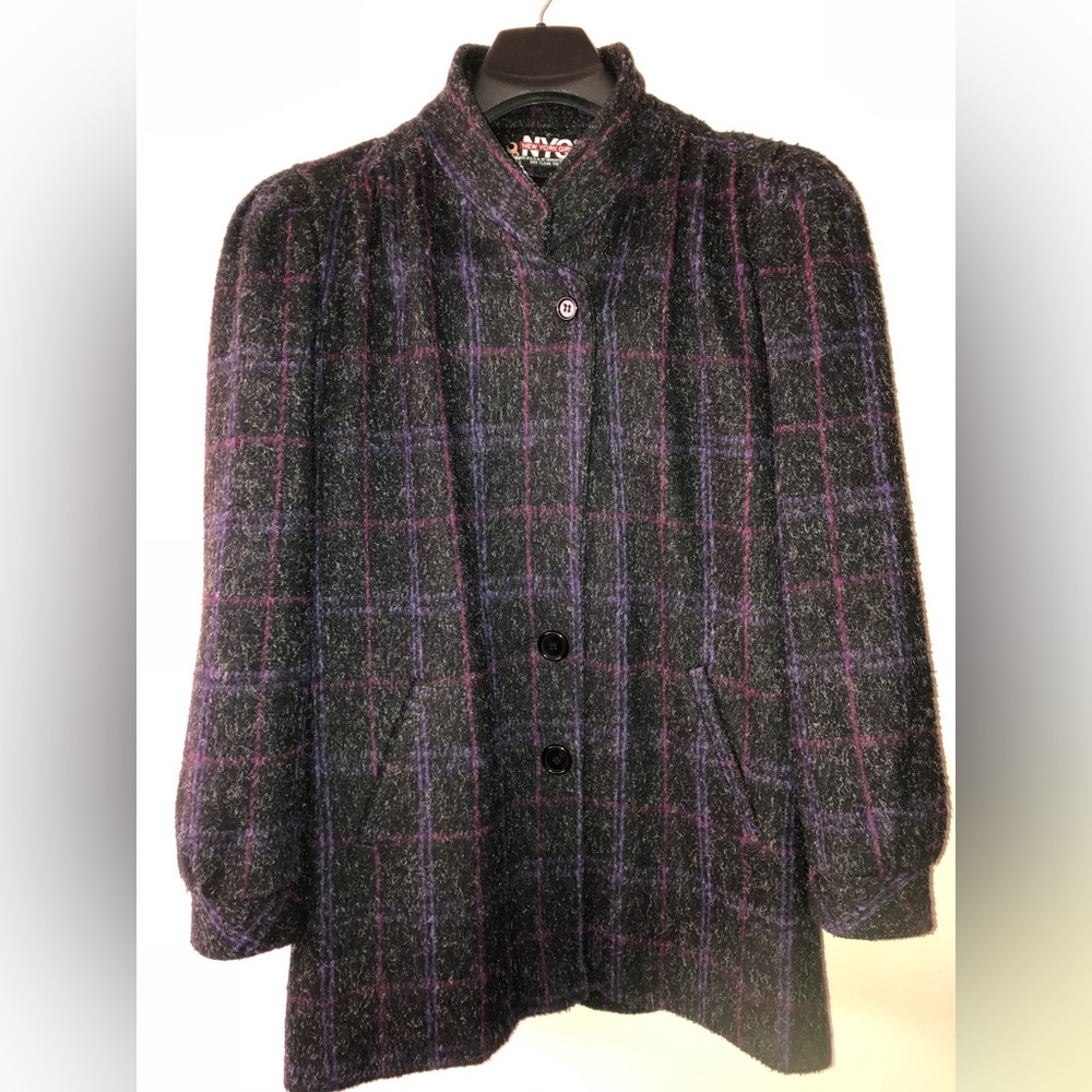 Vintage ‘80s New York Girl Wool Coat & Scarf Gray Purple Plaid ILGWU size 16